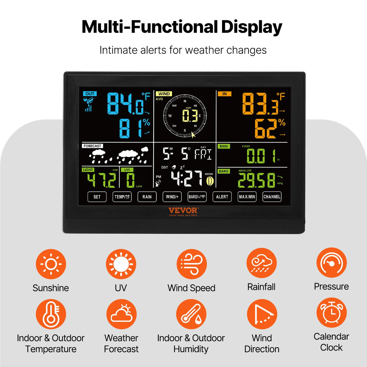 VEVOR 7-in-1 Wireless Weather Station, 19 cm (7.5-inch) Large Color Display, Digital Home Weather Station Indoor Outdoor, for Temperature Humidity Wind Speed/Direction Rain UV, with Forecast Data, Alarm, Alerts