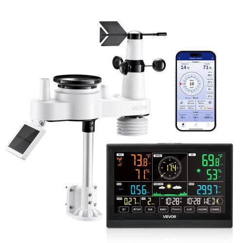 VEVOR 7-in-1 Wi-Fi Weather Station with APP, 190.5 mm VA Display, Wireless Solar Powered Outdoor Sensor, Rain Gauge, Indoor Outdoor for Weather Forecast, Wind Speed, Temperature, Humidity, Rainfall