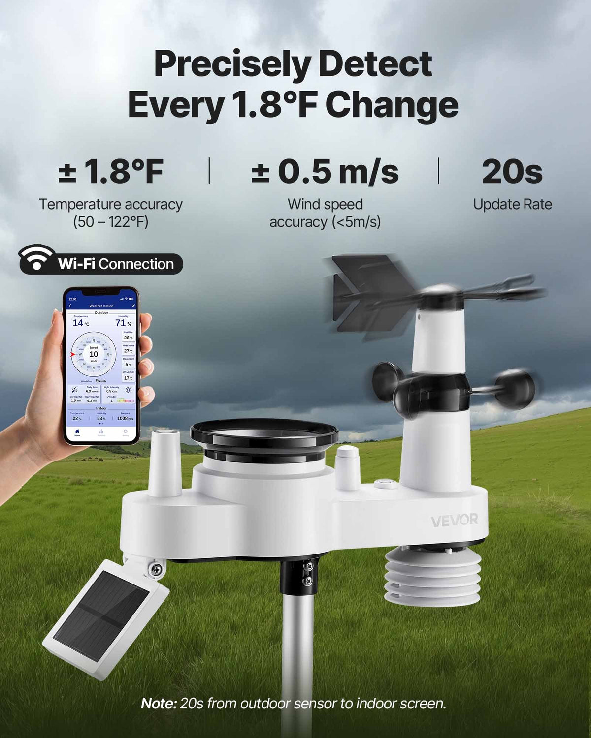 VEVOR 7-in-1 Wi-Fi Weather Station with APP, 190.5 mm VA Display, Wireless Solar Powered Outdoor Sensor, Rain Gauge, Indoor Outdoor for Weather Forecast, Wind Speed, Temperature, Humidity, Rainfall