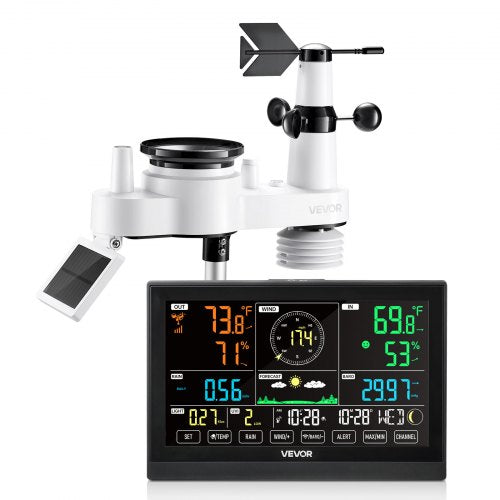 VEVOR 7-in-1 Wireless Weather Station, 190.5 mm VA Display, Solar Powered Outdoor Sensor, Rain Gauge, Indoor Outdoor for Weather Forecast, Temperature, Humidity, Wind Speed and Direction (No WiFi)
