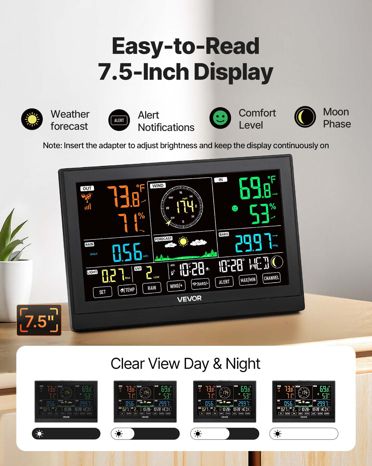 VEVOR 7-in-1 Wireless Weather Station, 190.5 mm VA Display, Solar Powered Outdoor Sensor, Rain Gauge, Indoor Outdoor for Weather Forecast, Temperature, Humidity, Wind Speed and Direction (No WiFi)