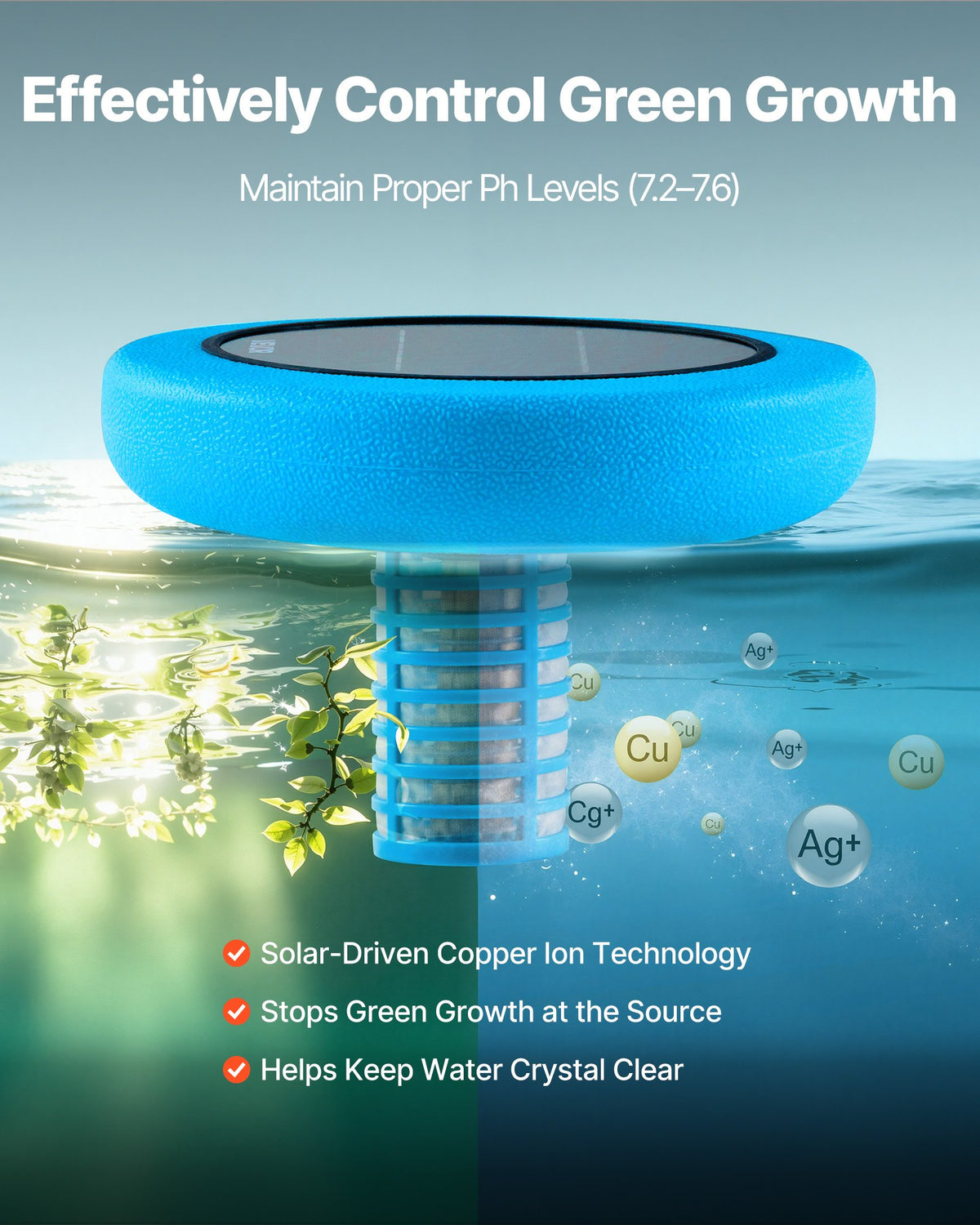 VEVOR Solar Pool Ionizer, Round Copper Pool Ionizer Up to 170343 L, Floating Automatic Water Cleaner and Purifier, Chlorine Free Water, with Copper Anode, Spring, Brush and Filter for Pools & Spas