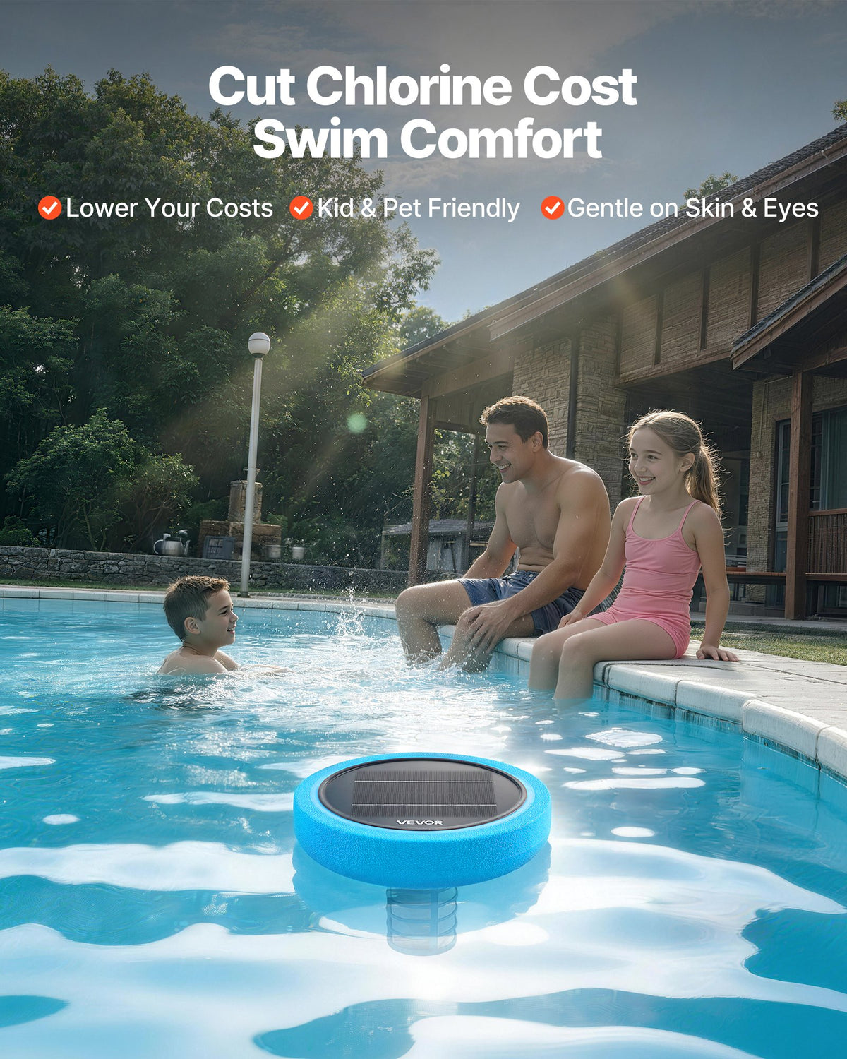 VEVOR Solar Pool Ionizer, Round Copper Pool Ionizer Up to 132489 L, Floating Automatic Water Cleaner and Purifier, Chlorine Free Water, with Copper Anode, Spring, Brush and Filter for Pools & Spas