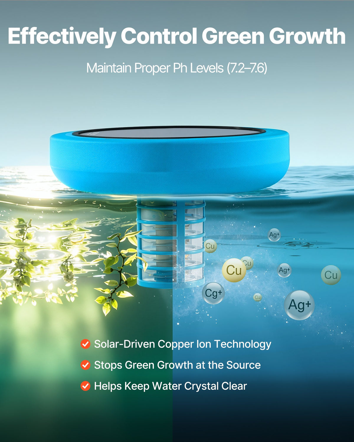 VEVOR Solar Pool Ionizer, Round Copper Pool Ionizer Up to 132489 L, Floating Automatic Water Cleaner and Purifier, Chlorine Free Water, with Copper Anode, Spring, Brush and Filter for Pools & Spas