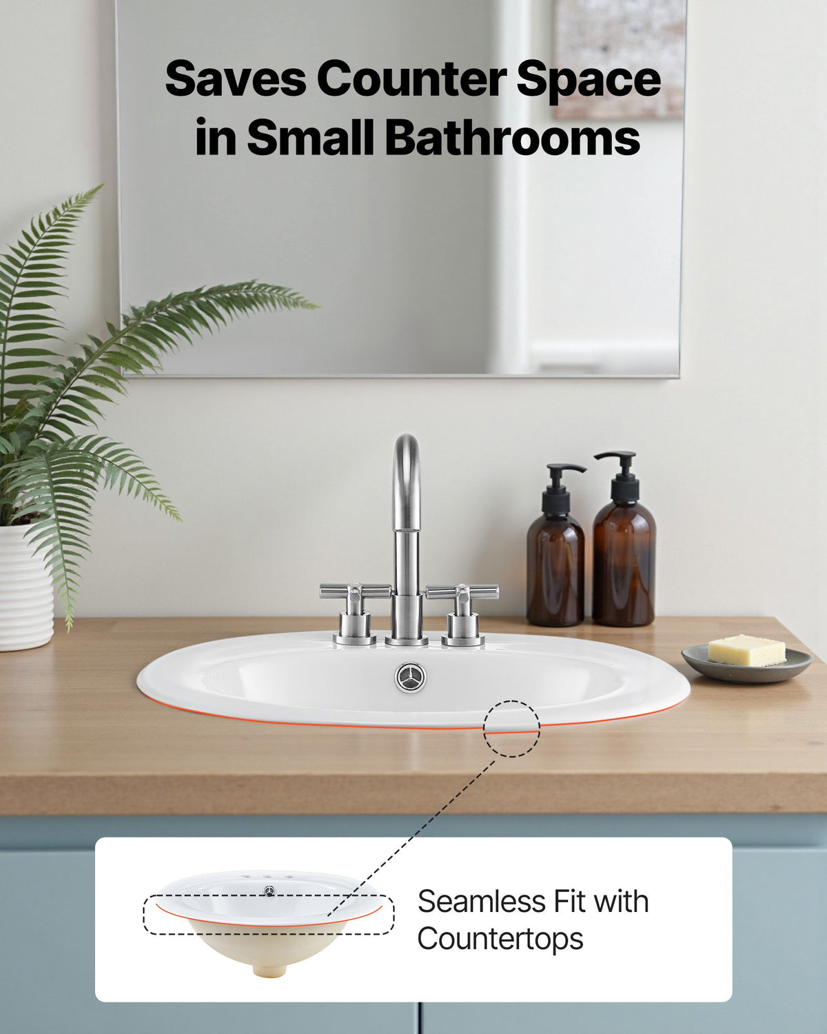 VEVOR Semi Recessed Bathroom Sink, 485 x 425 mm Oval White Ceramic Vessel Sink with Overflow Hole and 3 Faucet Holes, Drop in Modern Lavatory Vanity Bath Wash Bowl Basin for Bathroom Small Spaces