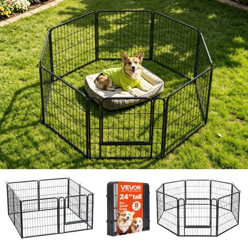 VEVOR Dog Playpen 61 cm 8 Panels Foldable Metal Exercise Pen Pet Fence, Indoor/Outdoor Heavy Duty Puppy Crate Kennel with Door for Dogs, Cats or Small Animals, Portable for RV Camping, Yard, Black