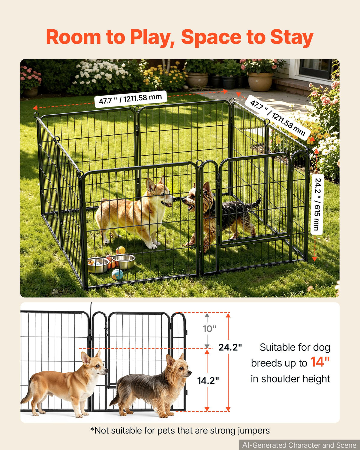 VEVOR Dog Playpen 61 cm 8 Panels Foldable Metal Exercise Pen Pet Fence, Indoor/Outdoor Heavy Duty Puppy Crate Kennel with Door for Dogs, Cats or Small Animals, Portable for RV Camping, Yard, Black