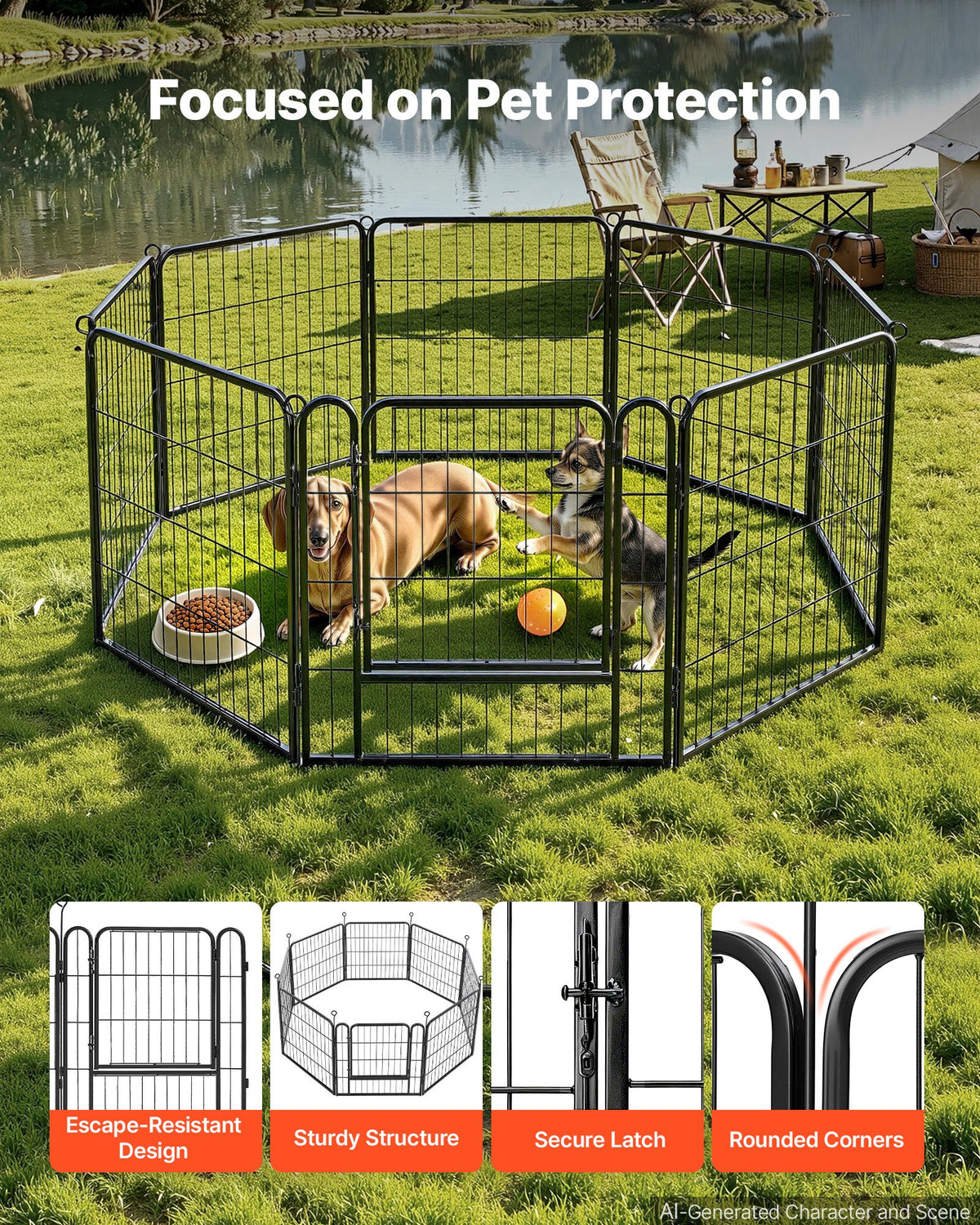 VEVOR Dog Playpen 61 cm 8 Panels Foldable Metal Exercise Pen Pet Fence, Indoor/Outdoor Heavy Duty Puppy Crate Kennel with Door for Dogs, Cats or Small Animals, Portable for RV Camping, Yard, Black