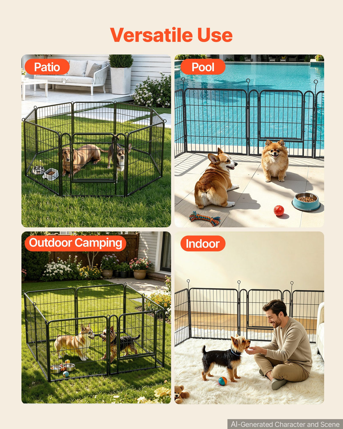 VEVOR Dog Playpen 61 cm 8 Panels Foldable Metal Exercise Pen Pet Fence, Indoor/Outdoor Heavy Duty Puppy Crate Kennel with Door for Dogs, Cats or Small Animals, Portable for RV Camping, Yard, Black