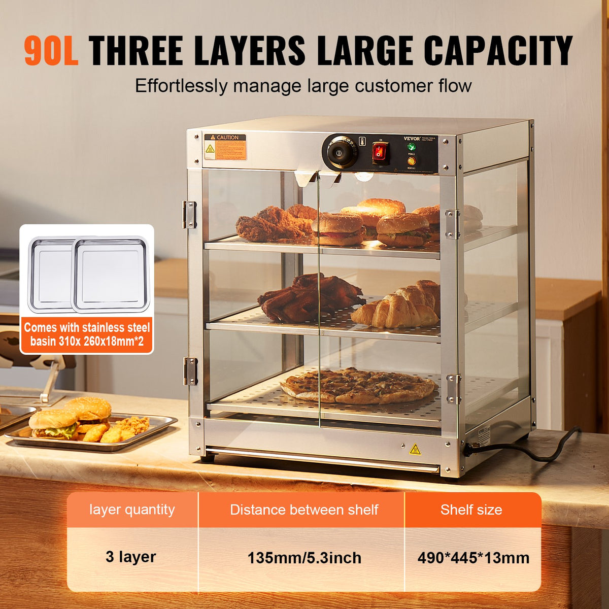 VEVOR 3-Tier Commercial Food Warmer Display, 800W Food Display Warmer with Light to Enhance Food Display, 30℃~85℃ Temperature Control, 90L Large Capacity for Hamburger, Pizza, Bread, Fried Chicken