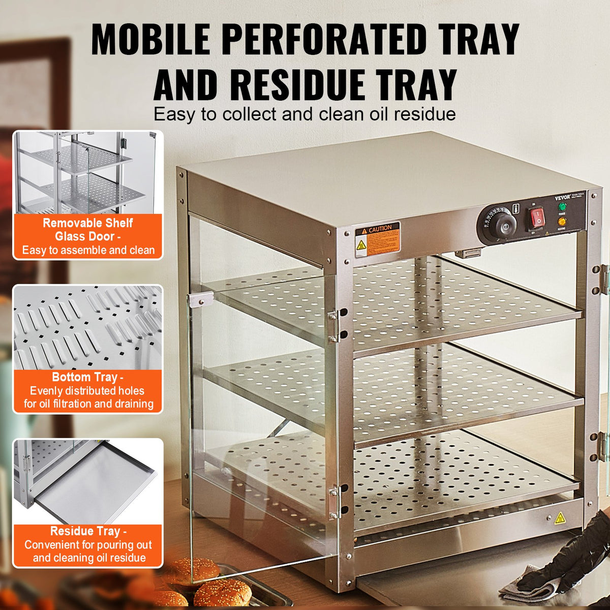 VEVOR 3-Tier Commercial Food Warmer Display, 800W Food Display Warmer with Light to Enhance Food Display, 30℃~85℃ Temperature Control, 90L Large Capacity for Hamburger, Pizza, Bread, Fried Chicken