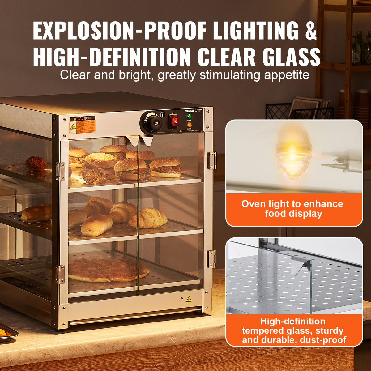 VEVOR 3-Tier Commercial Food Warmer Display, 800W Food Display Warmer with Light to Enhance Food Display, 30℃~85℃ Temperature Control, 90L Large Capacity for Hamburger, Pizza, Bread, Fried Chicken