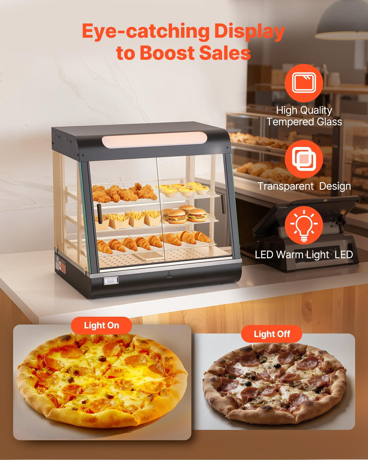 VEVOR 3-Tier Commercial Food Warmer Display, 1200W Food Display Warmer with LED Light, Top Storage and Adjustable Shelves, 30-85℃ Steam Heating, 106Qt/100L for Hamburger, Pizza, Bread, Fried Chicken