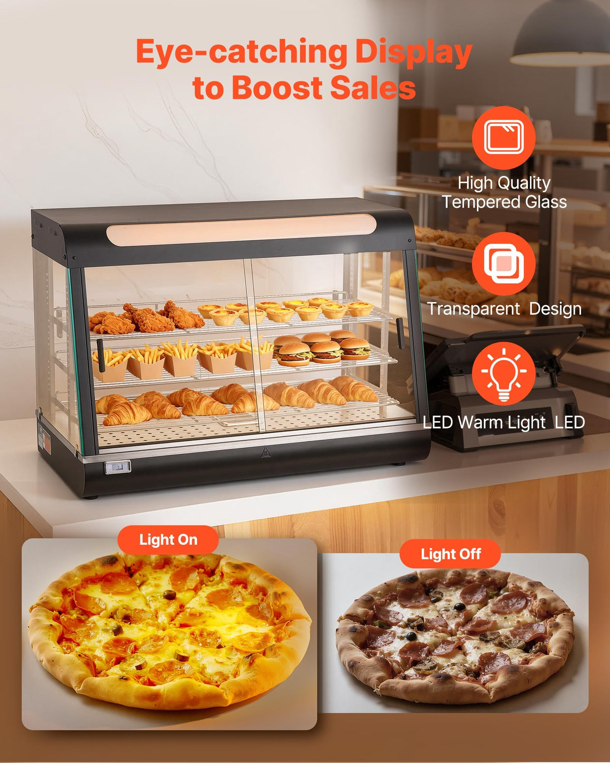 VEVOR 3-Tier Commercial Food Warmer Display, 1400W Food Display Warmer with LED Light, Top Storage and Adjustable Shelves, 30-85℃ Steam Heating, 137Qt/130L for Hamburger, Pizza, Bread, Fried Chicken