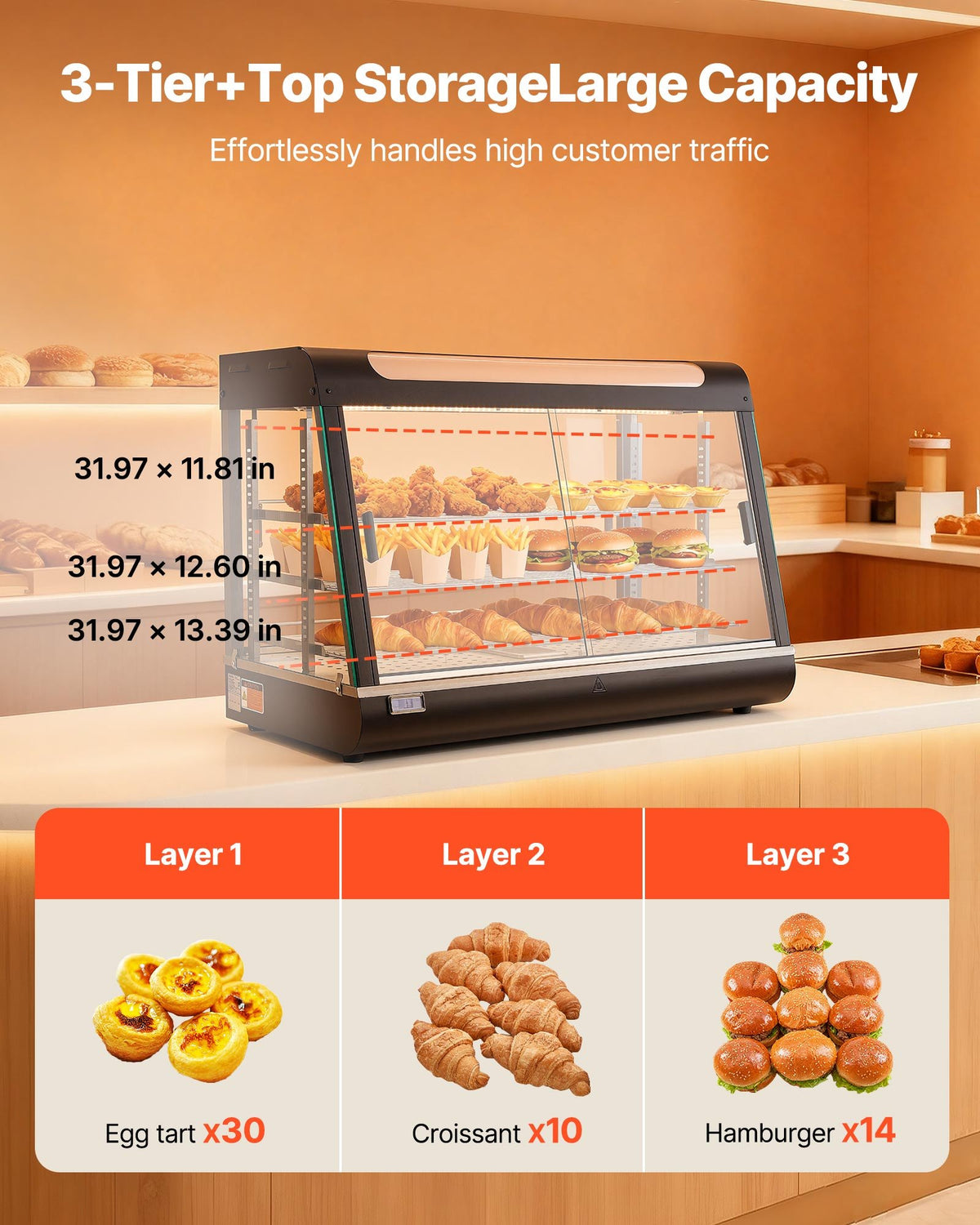VEVOR 3-Tier Commercial Food Warmer Display, 1400W Food Display Warmer with LED Light, Top Storage and Adjustable Shelves, 30-85℃ Steam Heating, 137Qt/130L for Hamburger, Pizza, Bread, Fried Chicken