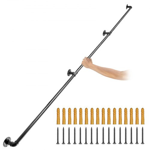 VEVOR Pipe Stair Handrail, 335.3 cm Staircase Handrail, 199.6 kg Load Capacity Carbon Steel Pipe Handrail, Industrial Pipe Handrail with Wall Mount Support, Round Corner Wall Handrailing for Indoor, Outdoor
