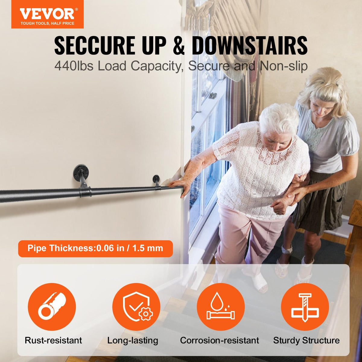 VEVOR Pipe Stair Handrail, 335.3 cm Staircase Handrail, 199.6 kg Load Capacity Carbon Steel Pipe Handrail, Industrial Pipe Handrail with Wall Mount Support, Round Corner Wall Handrailing for Indoor, Outdoor
