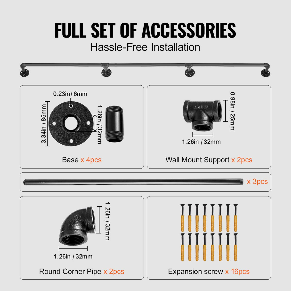 VEVOR Pipe Stair Handrail, 335.3 cm Staircase Handrail, 199.6 kg Load Capacity Carbon Steel Pipe Handrail, Industrial Pipe Handrail with Wall Mount Support, Round Corner Wall Handrailing for Indoor, Outdoor