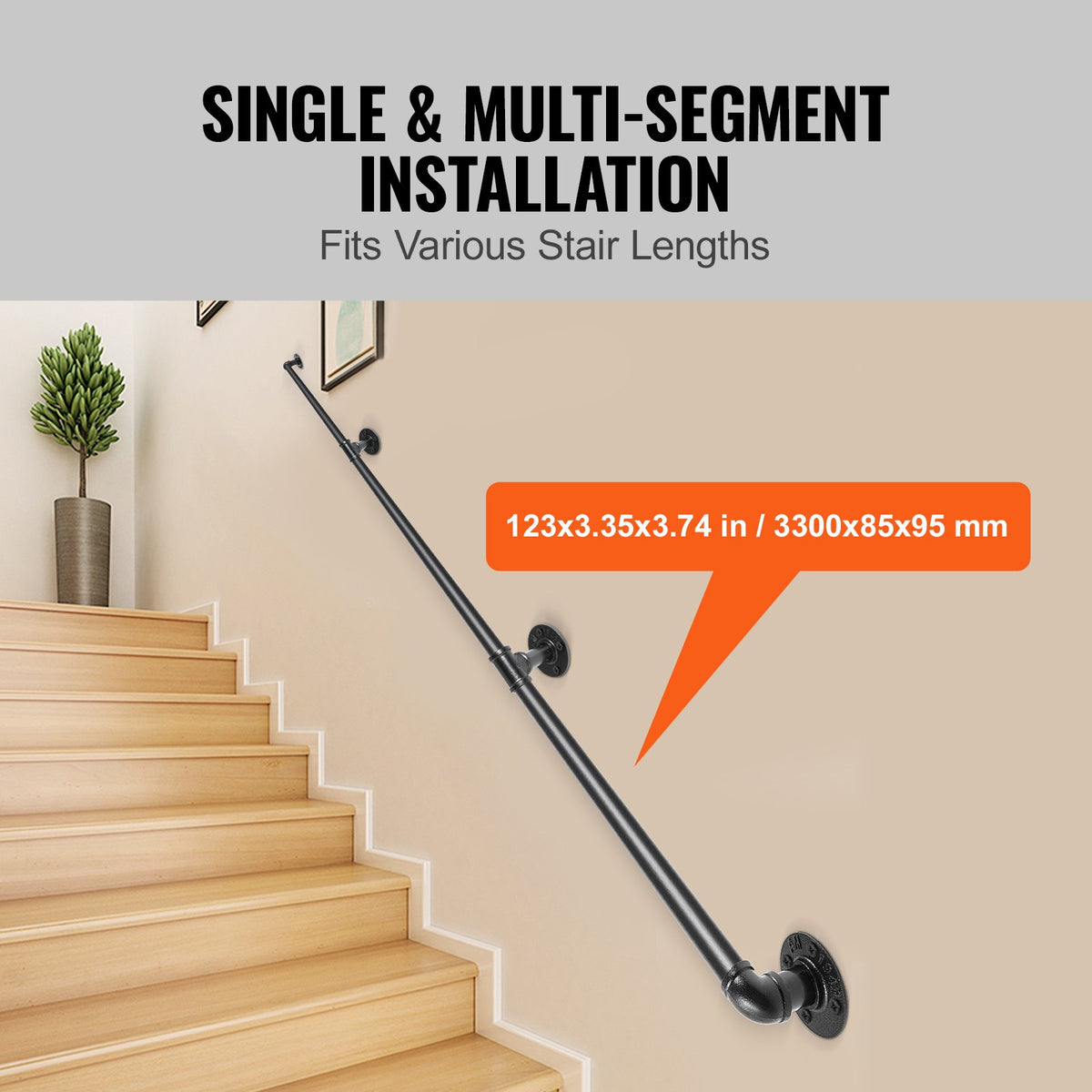 VEVOR Pipe Stair Handrail, 335.3 cm Staircase Handrail, 199.6 kg Load Capacity Carbon Steel Pipe Handrail, Industrial Pipe Handrail with Wall Mount Support, Round Corner Wall Handrailing for Indoor, Outdoor