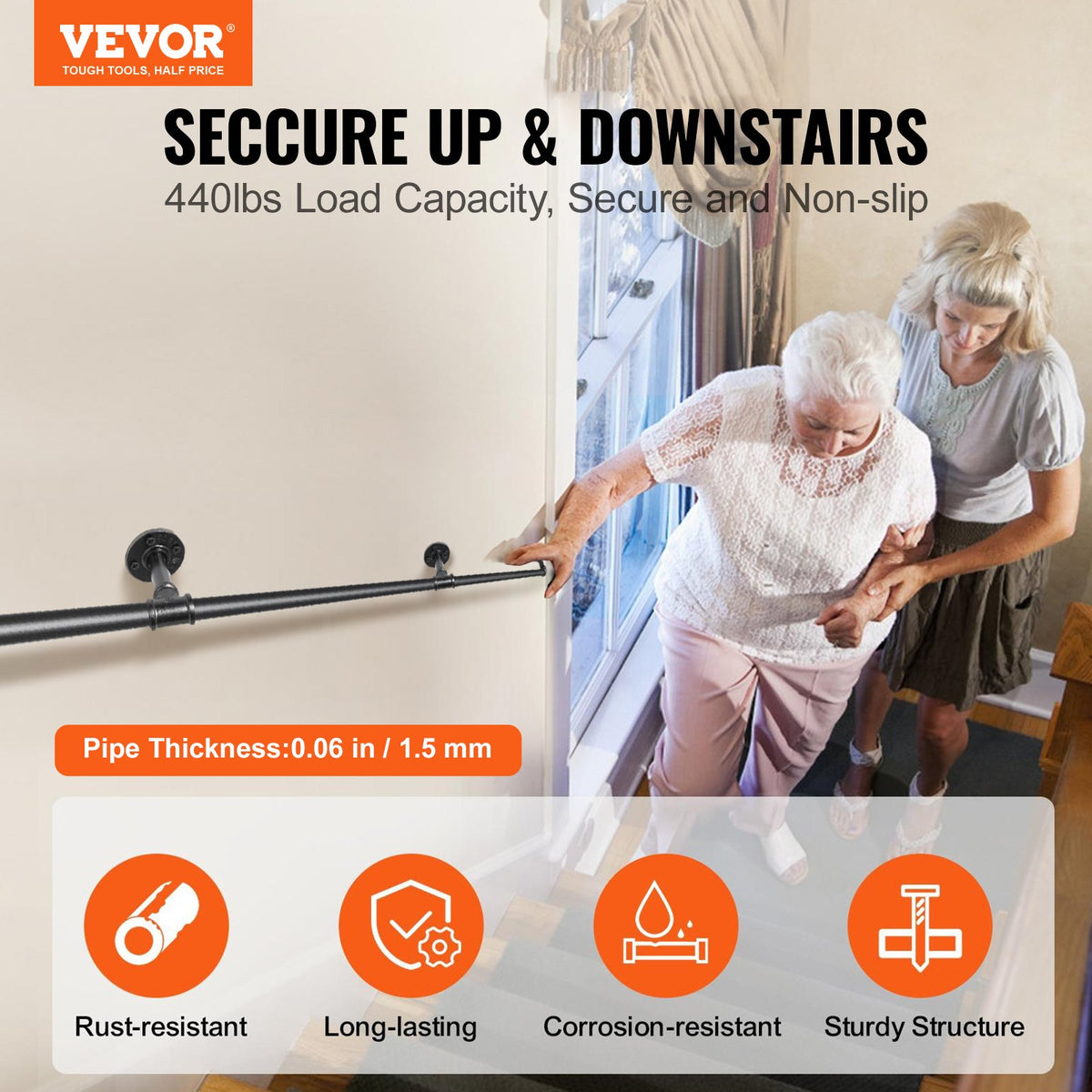 VEVOR Pipe Stair Handrail, 396.2 cm Staircase Handrail, 199.6 kg Load Capacity Carbon Steel Pipe Handrail, Industrial Pipe Handrail with Wall Mount Support, Round Corner Wall Handrailing for Indoor, Outdoor