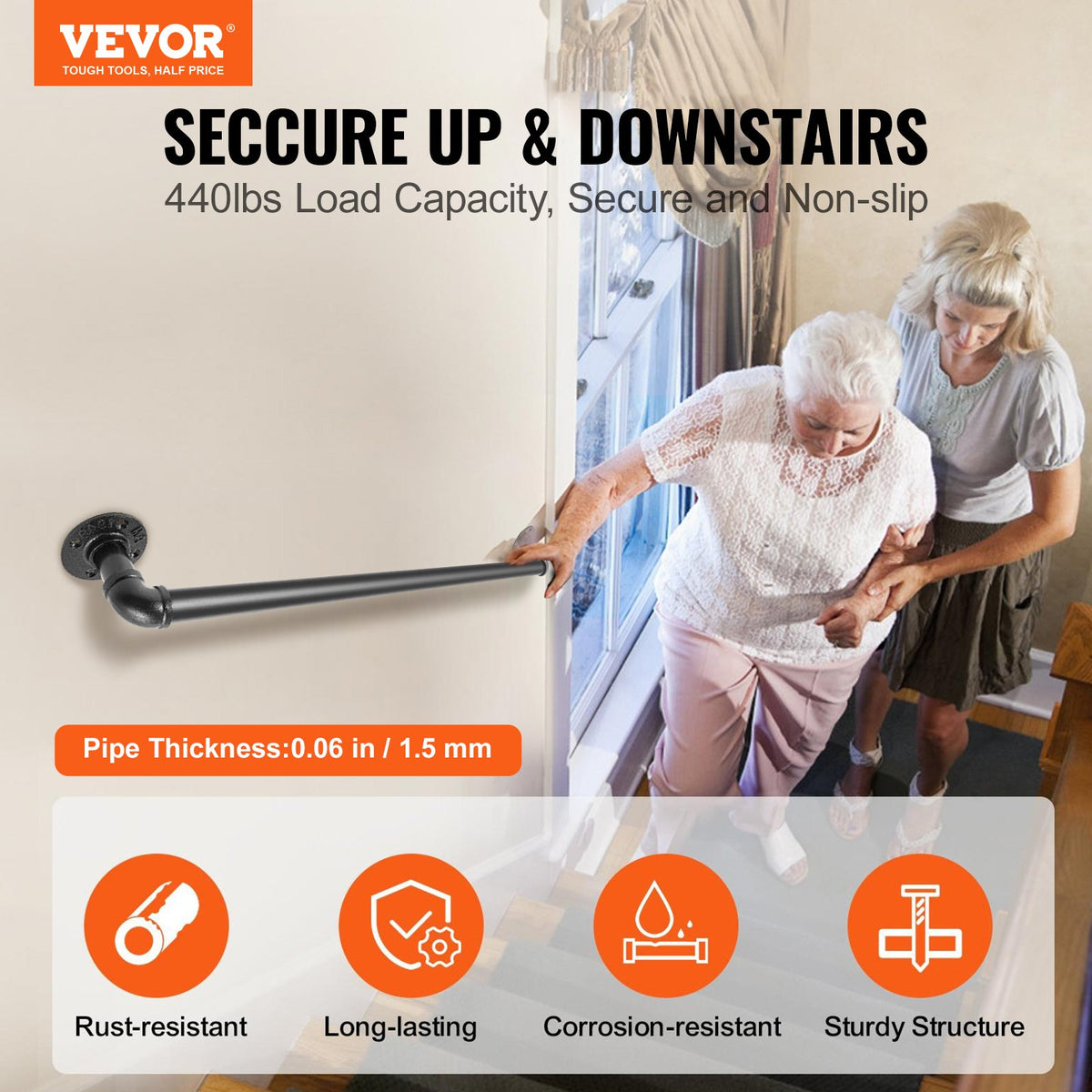 VEVOR Pipe Stair Handrail Staircase Handrail 61 cm Carbon Steel for Wall Mount