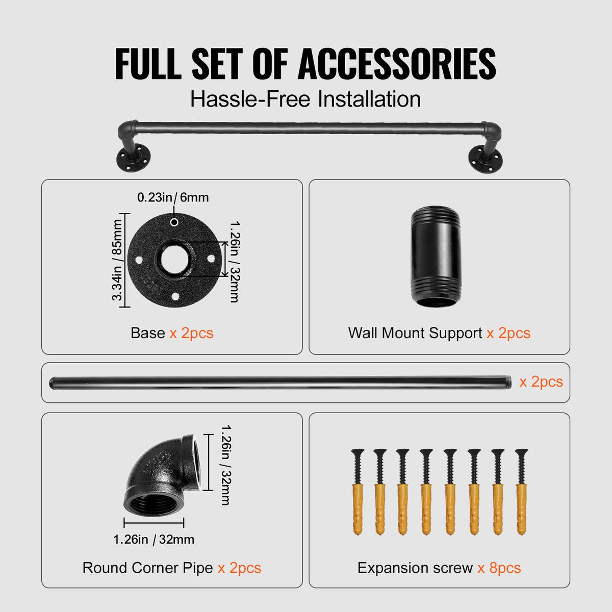 VEVOR Pipe Stair Handrail Staircase Handrail 61 cm Carbon Steel for Wall Mount