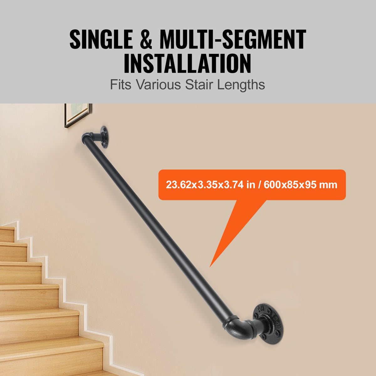 VEVOR Pipe Stair Handrail Staircase Handrail 61 cm Carbon Steel for Wall Mount
