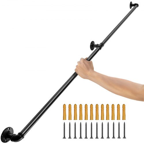 VEVOR Pipe Stair Handrail, 121.9 cm Staircase Handrail, 199.6 kg Load Capacity Carbon Steel Pipe Handrail, Industrial Pipe Handrail with Wall Mount Support, Round Corner Wall Handrailings for Indoor, Outdoor