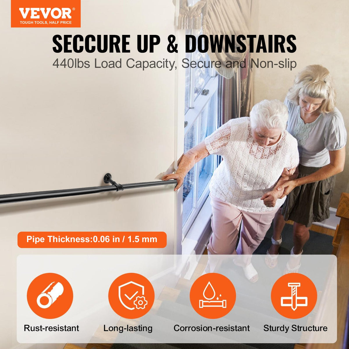 VEVOR Pipe Stair Handrail, 121.9 cm Staircase Handrail, 199.6 kg Load Capacity Carbon Steel Pipe Handrail, Industrial Pipe Handrail with Wall Mount Support, Round Corner Wall Handrailings for Indoor, Outdoor