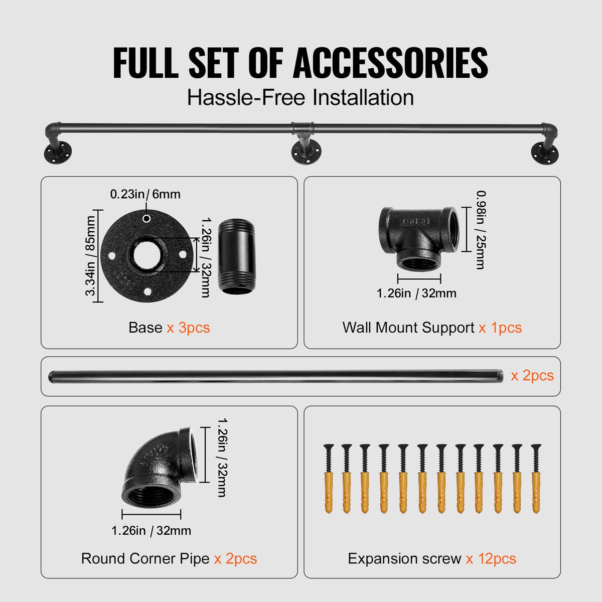 VEVOR Pipe Stair Handrail, 121.9 cm Staircase Handrail, 199.6 kg Load Capacity Carbon Steel Pipe Handrail, Industrial Pipe Handrail with Wall Mount Support, Round Corner Wall Handrailings for Indoor, Outdoor