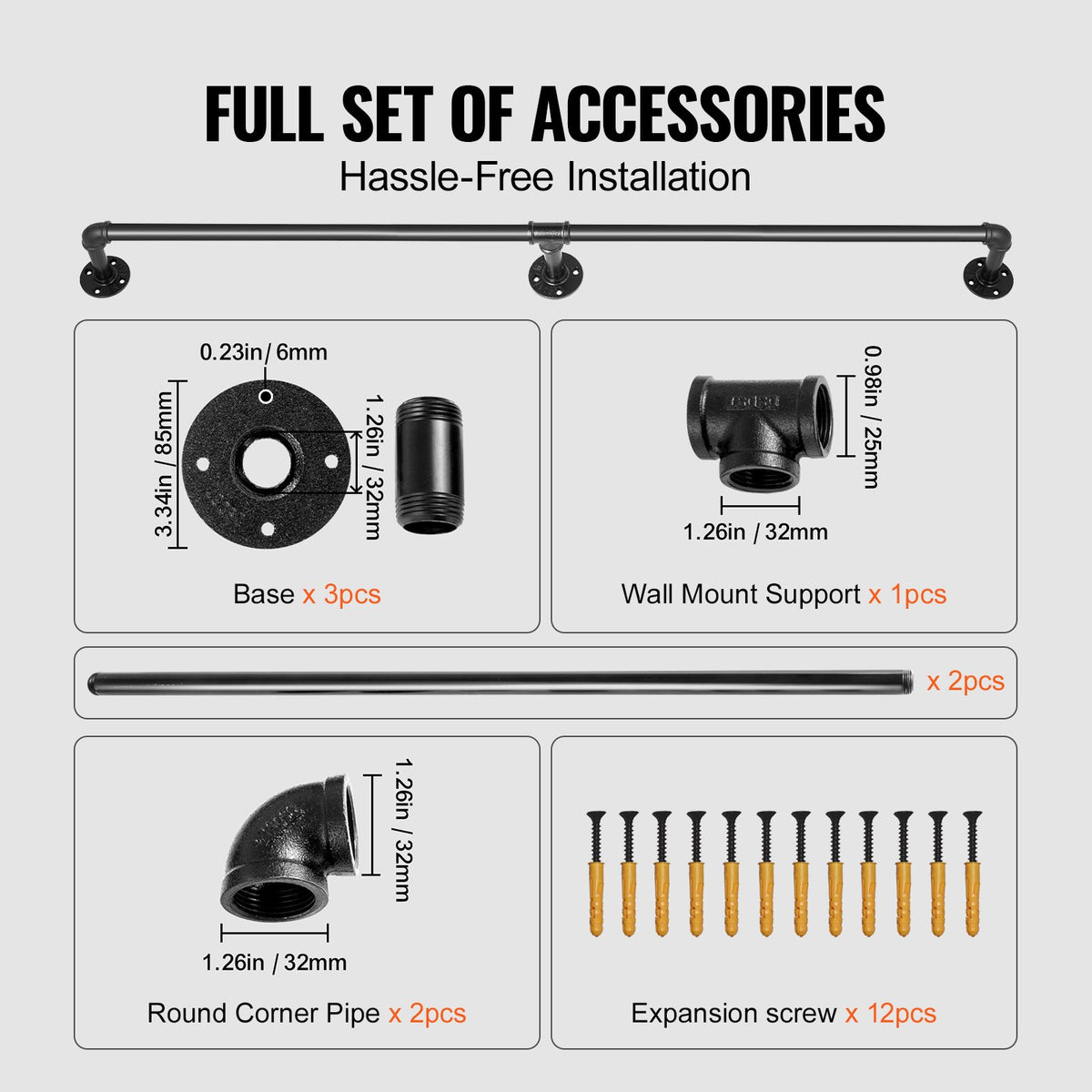 VEVOR Pipe Stair Handrail, 152.4 cm Staircase Handrail, 199.6 kg Load Capacity Carbon Steel Pipe Handrail, Industrial Pipe Handrail with Wall Mount Support, Round Corner Wall Handrailings for Indoor, Outdoor