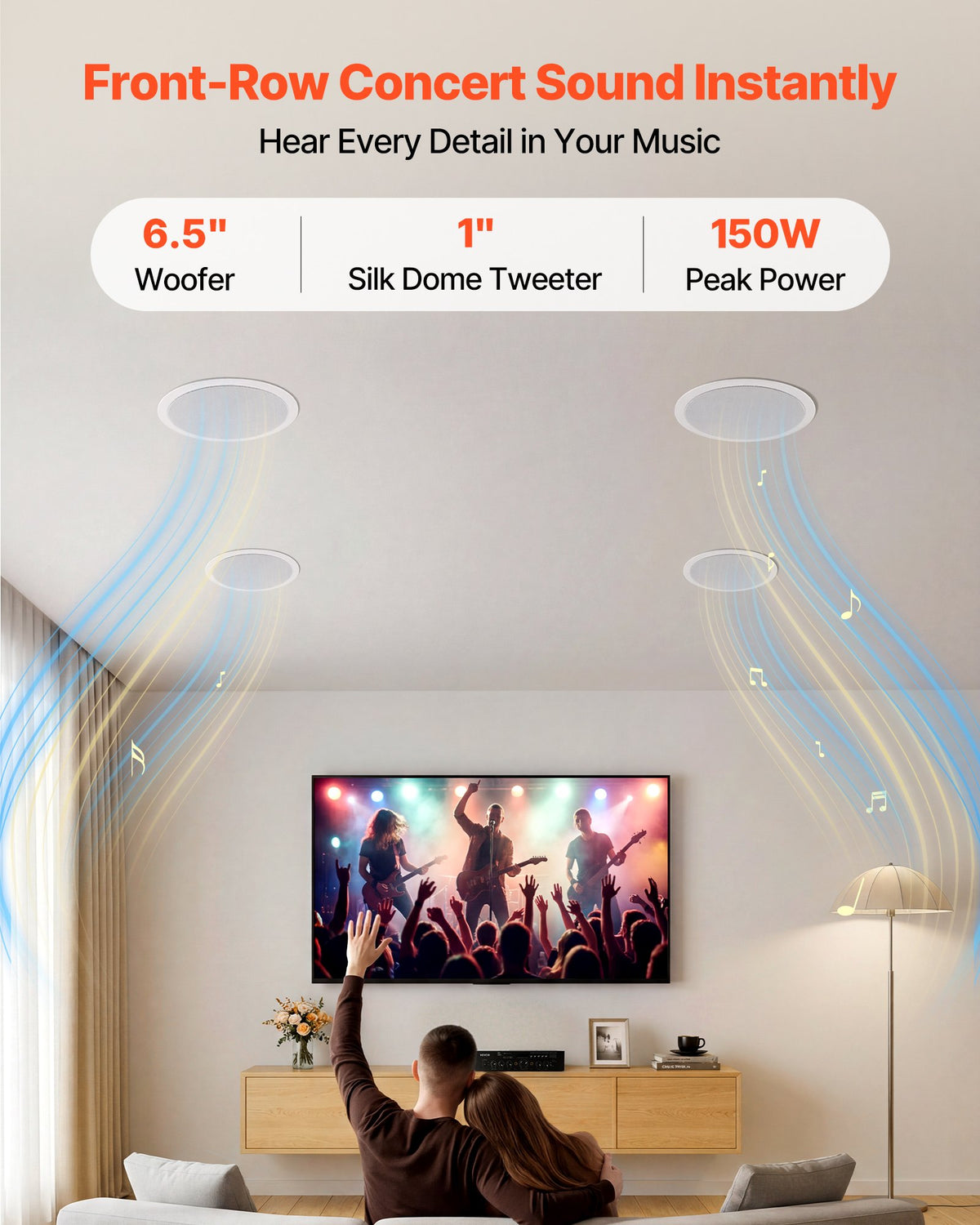 VEVOR Bluetooth Ceiling Speakers, 165.1 mm, In Ceiling & In-Wall Speaker System with Amplifier, 2-Way, for Damp Humid Placement, Home Theater, Covered Outdoor Patio and Flush Mount Wired, 4 Speakers
