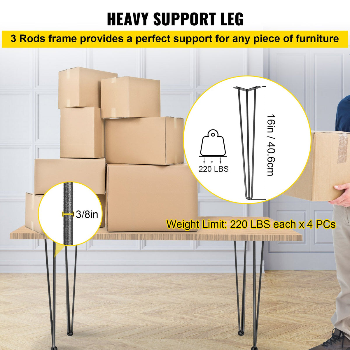 VEVOR Hairpin Table Legs 40.6 cm Black Set of 4 Desk Legs Each 99.8 kg Capacity Hairpin Desk Legs 3 Rods for Bench Desk Dining End Table Chairs Carbon Steel DIY Table Legs Heavy Duty Furniture Legs