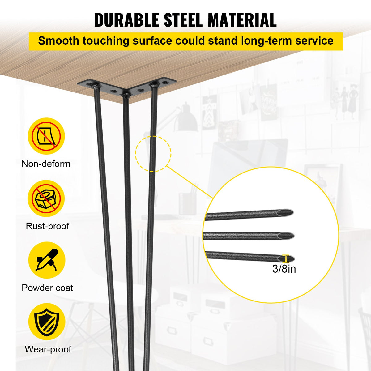 VEVOR Hairpin Table Legs 40.6 cm Black Set of 4 Desk Legs Each 99.8 kg Capacity Hairpin Desk Legs 3 Rods for Bench Desk Dining End Table Chairs Carbon Steel DIY Table Legs Heavy Duty Furniture Legs