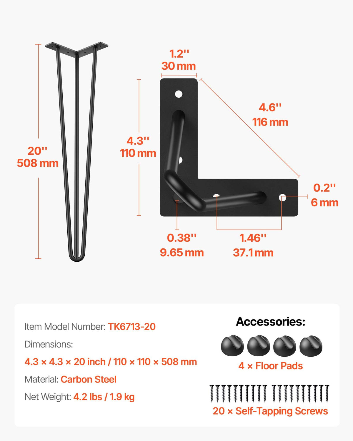 VEVOR Hairpin Table Legs 50.8 cm Black Set of 4 Desk Legs Each 99.8 kg Capacity Hairpin Desk Legs 3 Rods for Bench Desk Dining End Table Chairs Carbon Steel DIY Table Legs Heavy Duty Furniture Legs