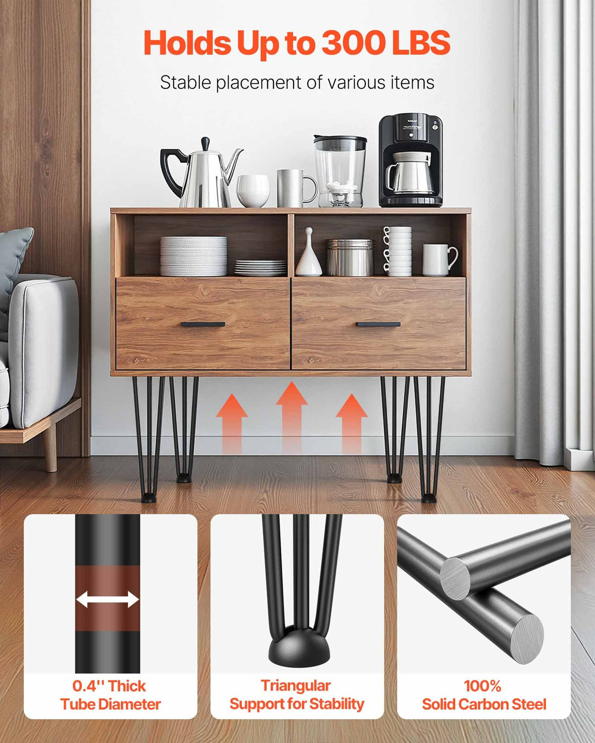 VEVOR Hairpin Table Legs 50.8 cm Black Set of 4 Desk Legs Each 99.8 kg Capacity Hairpin Desk Legs 3 Rods for Bench Desk Dining End Table Chairs Carbon Steel DIY Table Legs Heavy Duty Furniture Legs