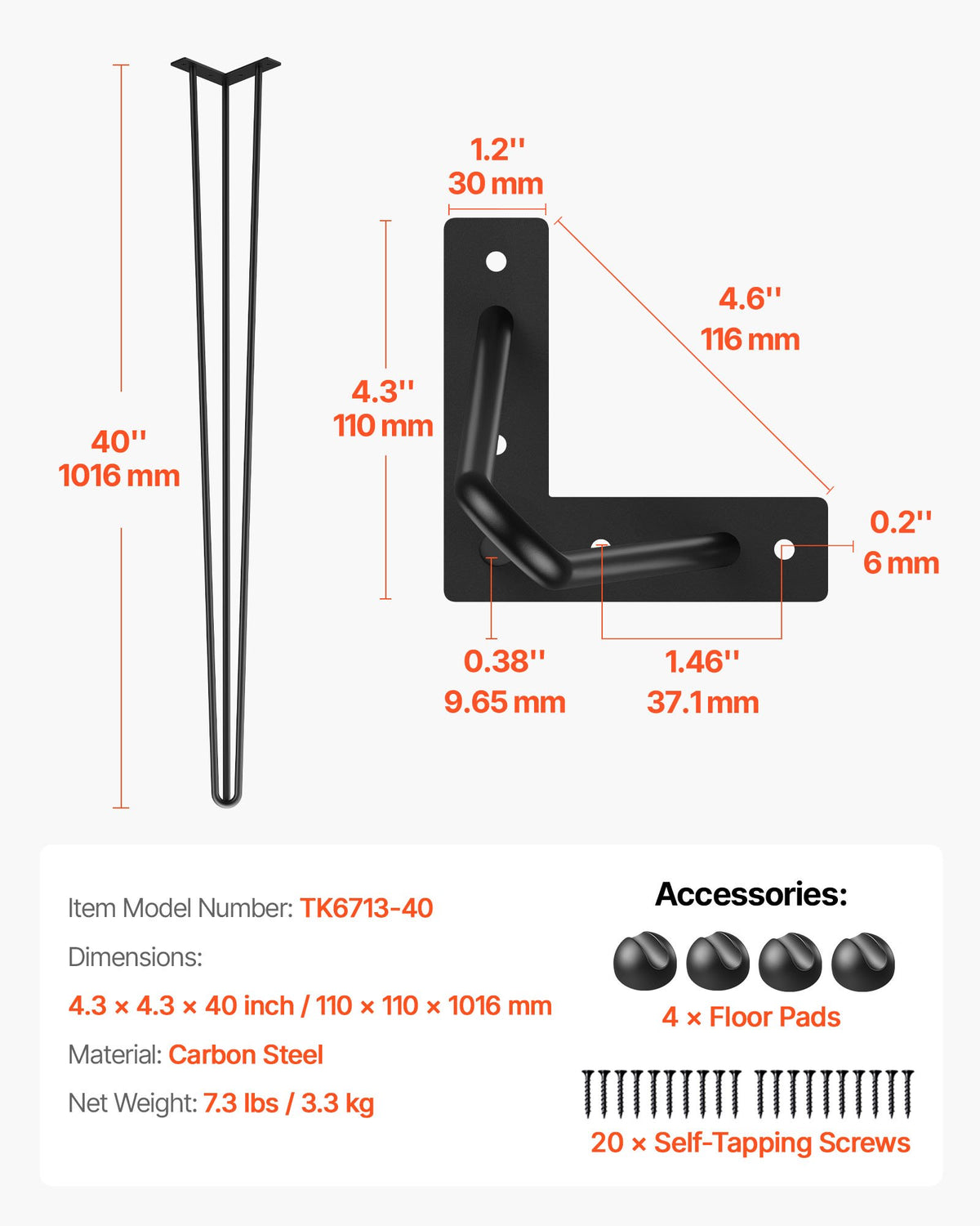 VEVOR Hairpin Table Legs 101.6 cm Black Set of 4 Desk Legs Each 99.8 kg Capacity Hairpin Desk Legs 3 Rods for Bench Desk Dining End Table Chairs Carbon Steel DIY Table Legs Heavy Duty Furniture Legs