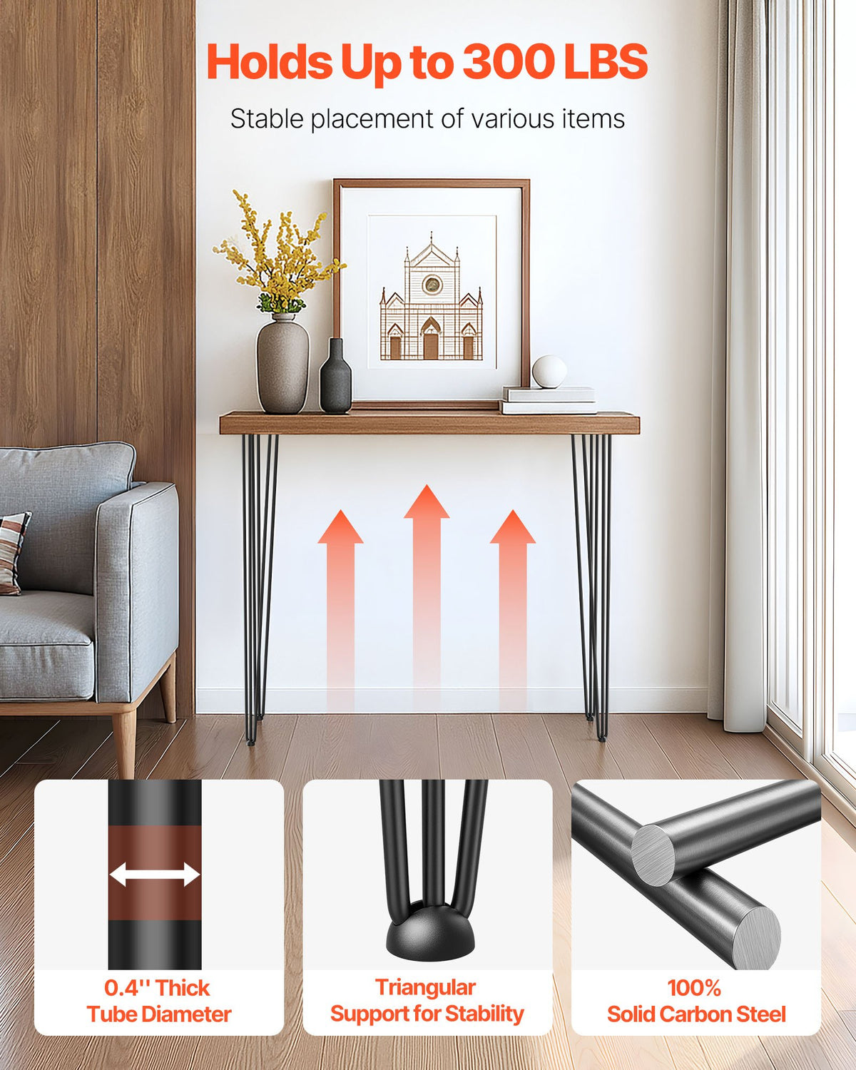 VEVOR Hairpin Table Legs 101.6 cm Black Set of 4 Desk Legs Each 99.8 kg Capacity Hairpin Desk Legs 3 Rods for Bench Desk Dining End Table Chairs Carbon Steel DIY Table Legs Heavy Duty Furniture Legs