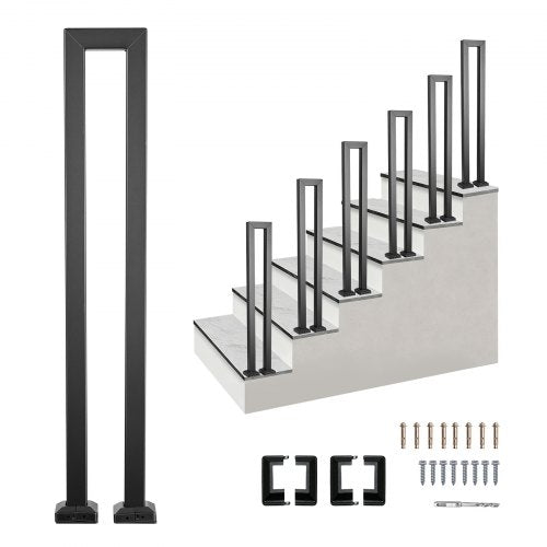 VEVOR Handrails for Outdoor Steps, 1 Step U-Shape Stair Hand Rail Kit Black, Stair Rails for Seniors, Concrete Steps, Porch and Deck, Heavy-Duty Carbon Steel Stylish Railings with Decorative Covers
