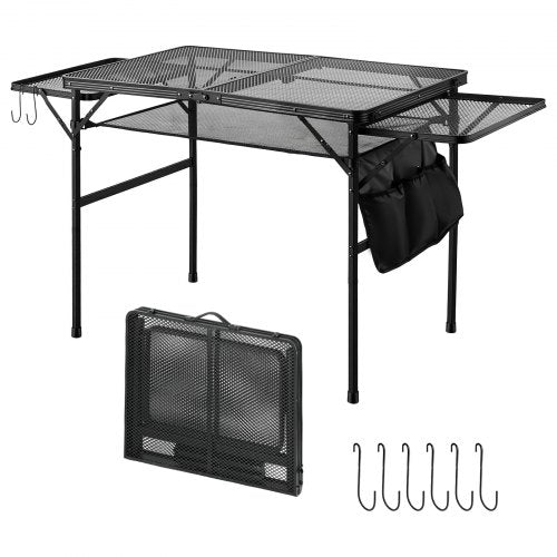 VEVOR Folding Grill Table with 2 Wing Panels 90x60cm Camping Station 55 kg, for Picnic BBQ Tailgating, Adjustable Height, 2 Tier Outdoor Aluminum Side Stand with Side Pocket, Mesh Net, Portable Handle