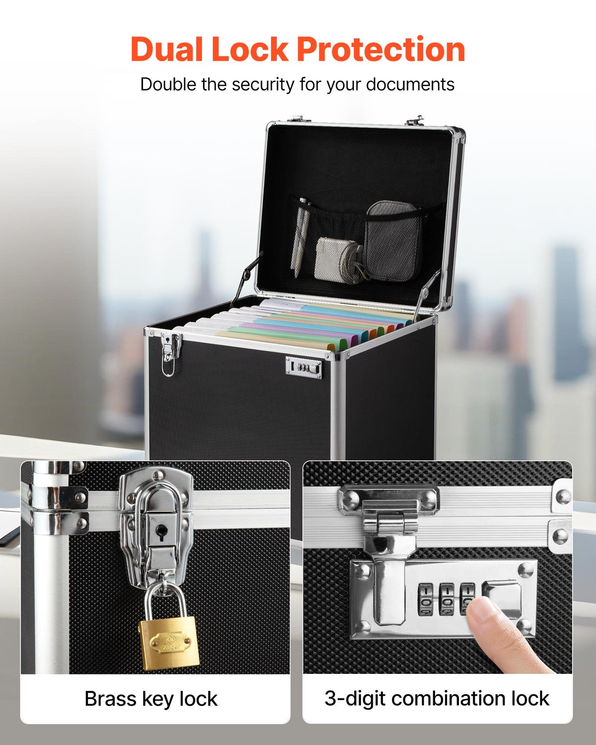 VEVOR Portable File Storage Box, 395 x 320 x 380 mm Internal Chest Size, Locking Mobile Business Case with Telescopic Handle, Hand pull File Case for Office Home, Offices, Hospitals, Banks