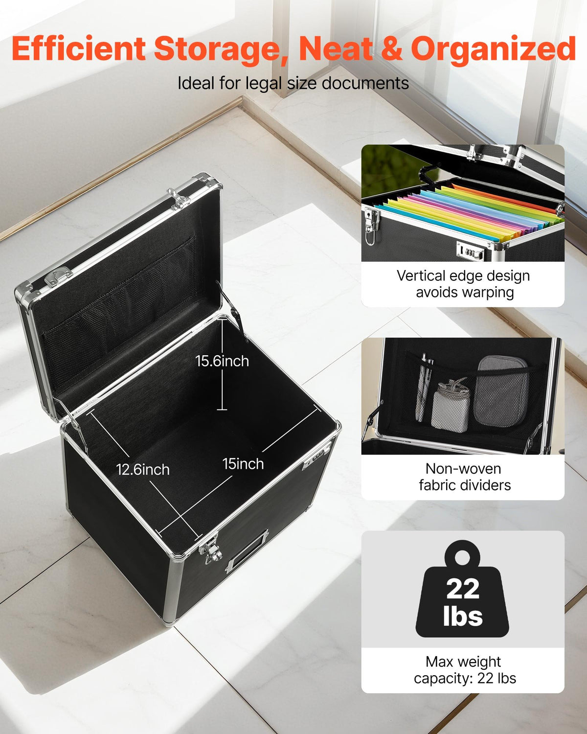 VEVOR Portable File Storage Box, 395 x 320 x 380 mm Internal Chest Size, Locking Mobile Business Case with Telescopic Handle, Hand pull File Case for Office Home, Offices, Hospitals, Banks