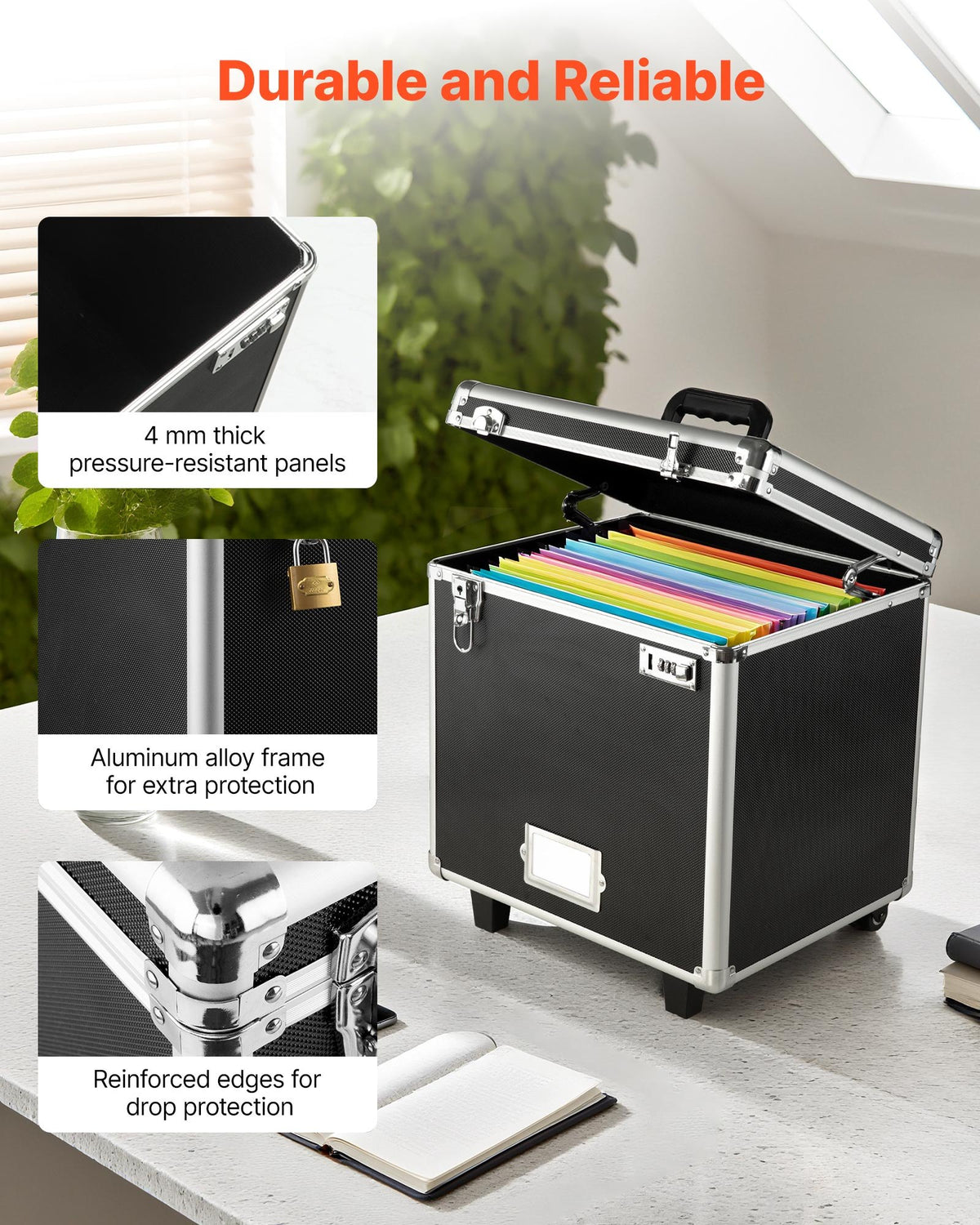 VEVOR Portable File Storage Box, 395 x 320 x 380 mm Internal Chest Size, Locking Mobile Business Case with Telescopic Handle, Hand pull File Case for Office Home, Offices, Hospitals, Banks