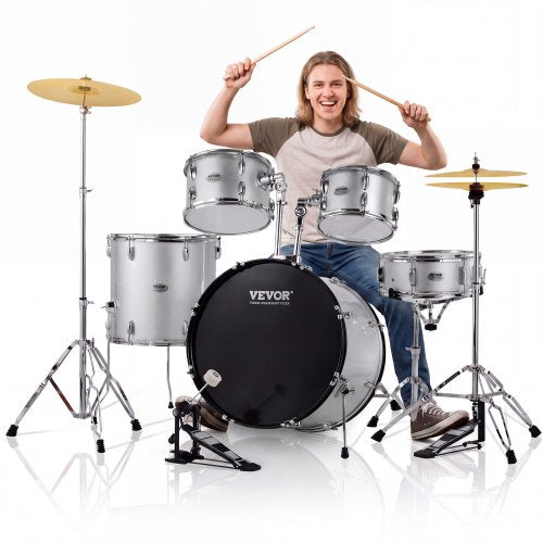VEVOR Adult Drum Set, 5-Piece, 22 inches Complete Full Size Drum Kit with Bass Toms Snare Floor Drum Adjustable Throne Stands Cymbal Hi-Hat Pedal and Drumsticks, Beginner Drum Kit for Adults, Silver