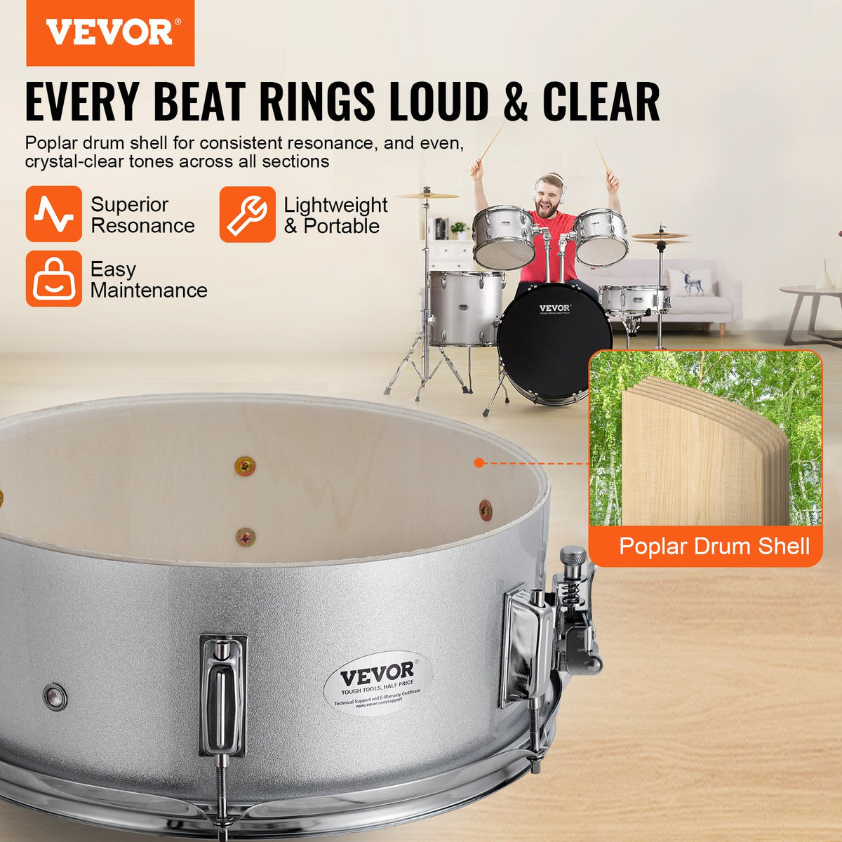 VEVOR Adult Drum Set, 5-Piece, 22 inches Complete Full Size Drum Kit with Bass Toms Snare Floor Drum Adjustable Throne Stands Cymbal Hi-Hat Pedal and Drumsticks, Beginner Drum Kit for Adults, Silver