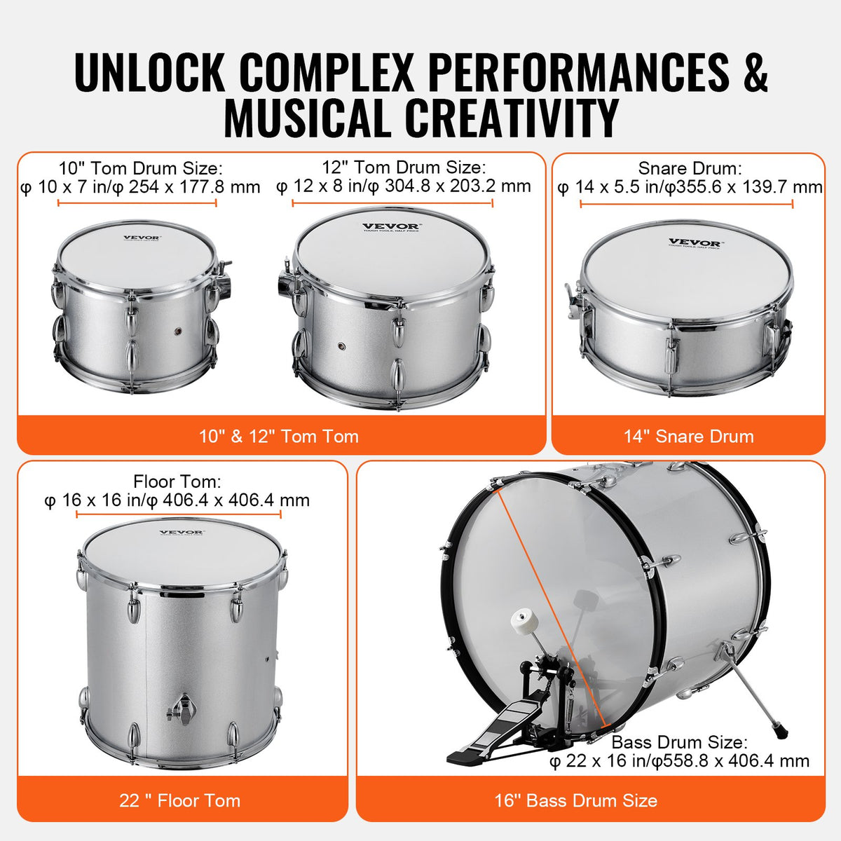 VEVOR Adult Drum Set, 5-Piece, 22 inches Complete Full Size Drum Kit with Bass Toms Snare Floor Drum Adjustable Throne Stands Cymbal Hi-Hat Pedal and Drumsticks, Beginner Drum Kit for Adults, Silver