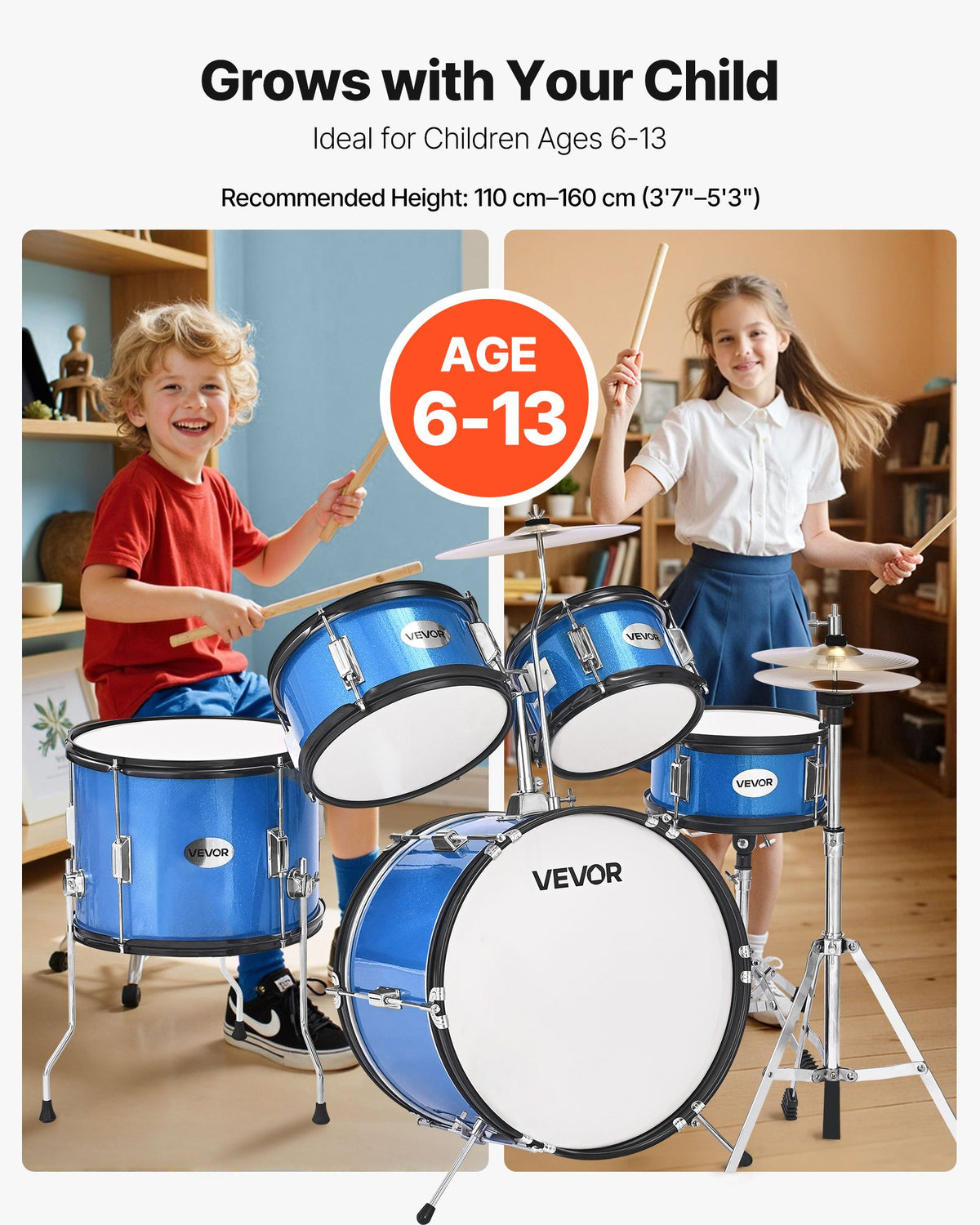 VEVOR Kids Drum Set, 5-Piece 16 in / 406.4 mm Junior Drum Sets, Beginner Drums Set with Adjustable Throne and Two Pairs of Drumsticks, Musical Learning Drums Instruments Kit, for Children Ages 6-13 (Blue)