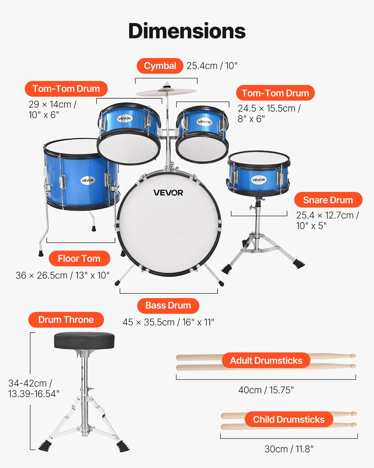 VEVOR Kids Drum Set, 5-Piece 16 in / 406.4 mm Junior Drum Sets, Beginner Drums Set with Adjustable Throne and Two Pairs of Drumsticks, Musical Learning Drums Instruments Kit, for Children Ages 6-13 (Blue)