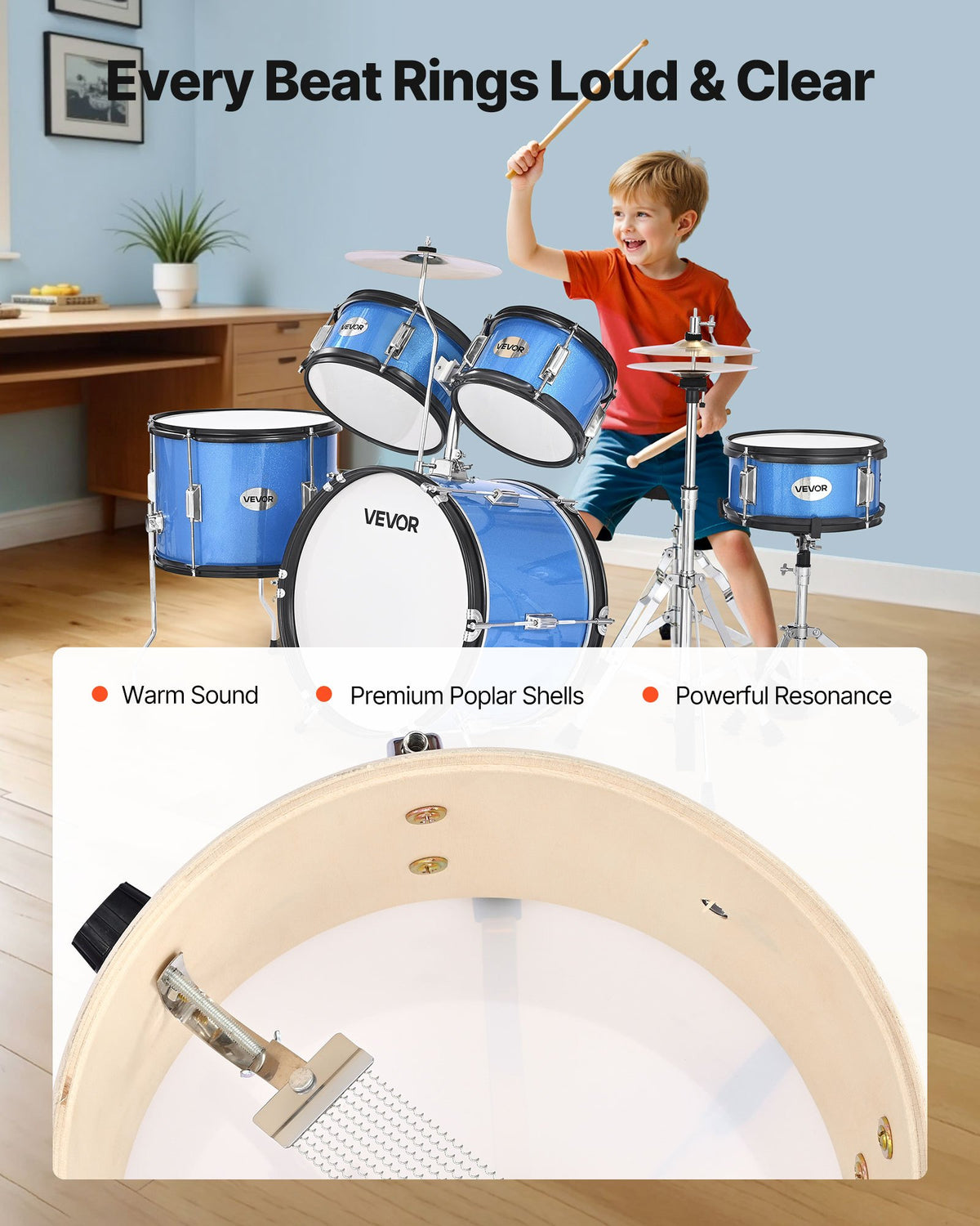 VEVOR Kids Drum Set, 5-Piece 16 in / 406.4 mm Junior Drum Sets, Beginner Drums Set with Adjustable Throne and Two Pairs of Drumsticks, Musical Learning Drums Instruments Kit, for Children Ages 6-13 (Blue)