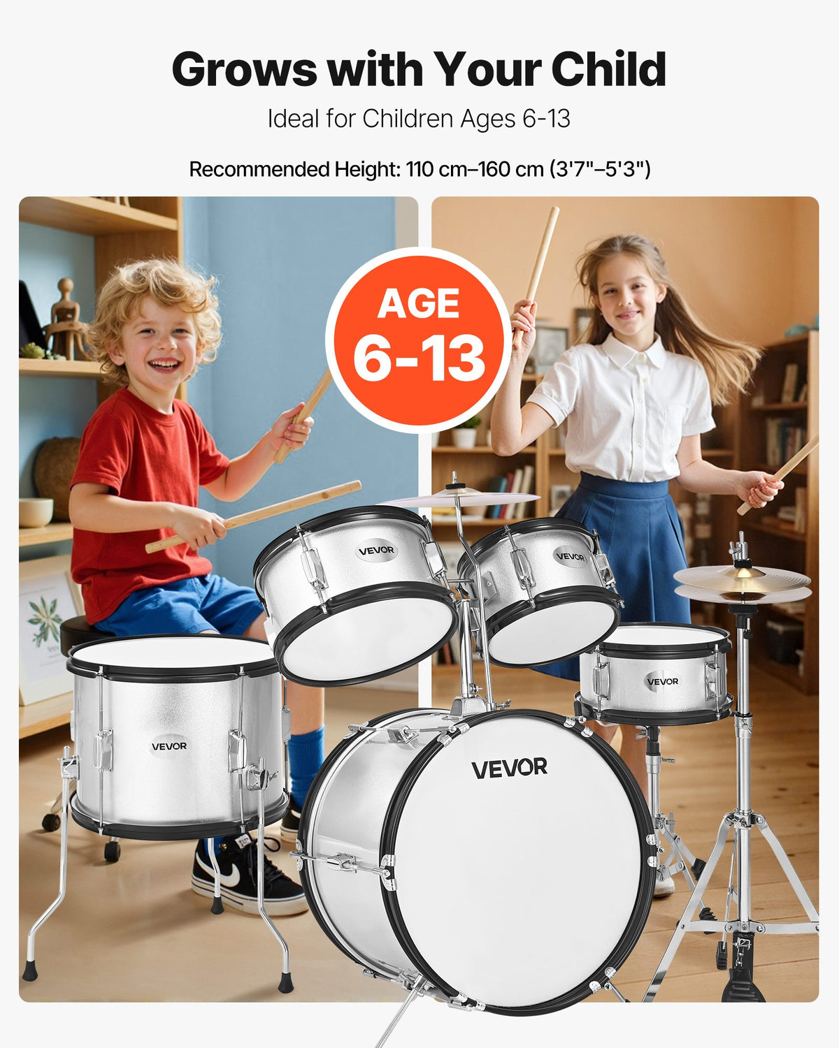 VEVOR Kids Drum Set, 5-Piece 16 in / 406.4 mm Junior Drum Sets, Beginner Drums Set with Adjustable Throne and Two Pairs of Drumsticks, Musical Learning Drums Instrument Kit, for Children Ages 6-13(Silver)